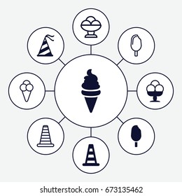 Cone icons set. set of 9 cone filled and outline icons such as cone barrier, ice cream