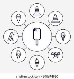 Cone icons set. set of 9 cone outline icons such as barrier, ice cream