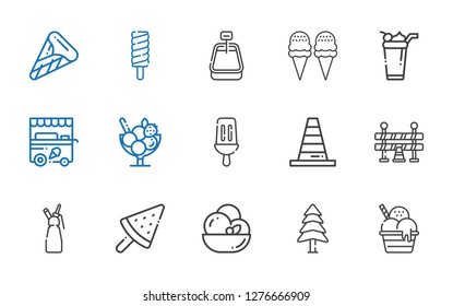 cone icons set. Collection of cone with ice cream, pine, whipped cream, traffic barrier, popsicle, ice cream cart. Editable and scalable cone icons.