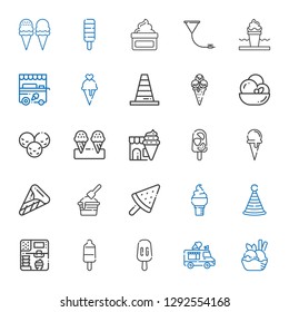 cone icons set. Collection of cone with ice cream, ice cream truck, popsicle, party hat, ice cream cone, cart, funnel, cream. Editable and scalable icons.