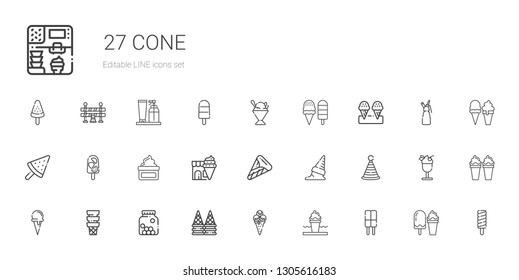 cone icons set. Collection of cone with ice cream, cones, ice cream cone, party hat, cream, popsicle, sorbet, whipped traffic barrier. Editable and scalable icons.