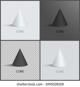 Cone icons set on dark, light and transparent backgrounds. Three dimensional geometric shapes with sign. 3D figures isolated vector illustrations