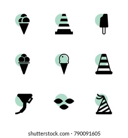 Cone icons. vector collection filled cone icons set.. includes symbols such as seeds, funnel, cone barrier, party hat, ice cream. use for web, mobile and ui design.