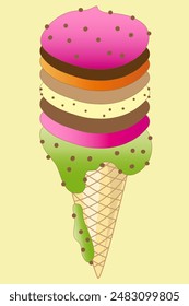 Cone with layers of very colorful ice cream of various flavors