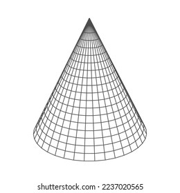 Cone low poly geometric shape of wireframe grid. Conical geometry figure hologram. Vector isolated polygonal mathematics cone visual perspective