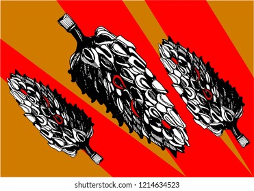 Cone of Magnolia pattern on green orange background. Black and white  green illustration, pen art. Fabric, wallpaper and paper pattern concept. 