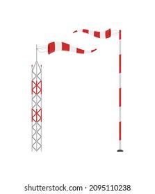 Cone meteorology windsock wind vane isolated on white background. Red and white striped wind gauge indicator.