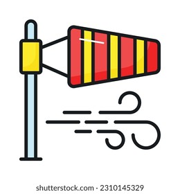 A cone mounted on a mast showcasing windsock icon, Getting weather forecasting tool, editable icon of windbag