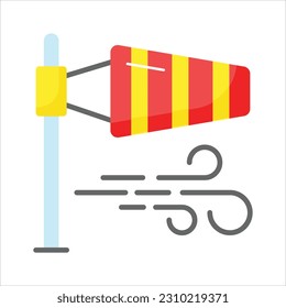 A cone mounted on a mast showcasing windsock icon, Getting weather forecasting tool, editable icon of windbag