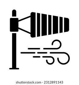 A cone mounted on a mast showcasing windsock icon, Getting weather forecasting tool, editable icon of windbag