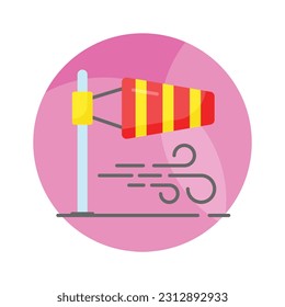A cone mounted on a mast showcasing windsock icon, Getting weather forecasting tool, editable icon of windbag