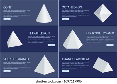 Cone and octahedron figures, white prisms. Tetrahedron, hexagonal or square pyramids triangular geometric shapes vector illustrations set on banners.