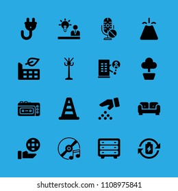 cone, office block, factory, recorder, compact disc, sofa, plant, plug and battery vector icon. Simple icons set