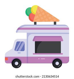 Cone on vehicle denoting flat icon of ice cream van 


