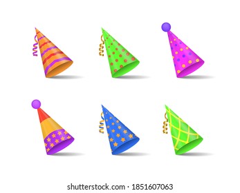 Sombrero de papel con elementos decorativos de cumpleaños. Partes brillantes gorras aisladas en fondo blanco. Colección de sombreros festivos para fiestas y celebraciones festivas. Ilustración vectorial, eps 10.