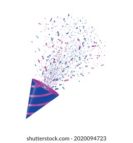 Cone party popper exploding with colorful confetti of different shape realistic vector illustration