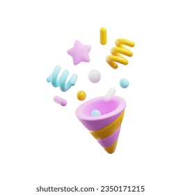 Cone party popper with floating confetti in cute 3d style, vector illustration isolated on white background. Concepts of holidays and celebrations. Colorful and shiny party popper.