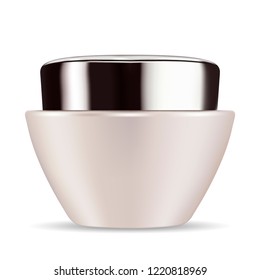 Cone pearl white glass jar with black glossy plastic lid for cosmetics - body cream, butter, scrub, bath salt, gel, skin care, powder. Realistic 3d packaging mockup template.