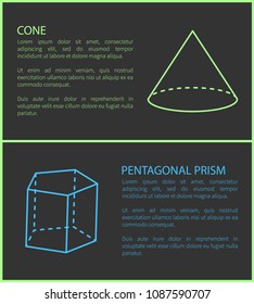 Cone and pentagonal prism geometric shapes simple figures sketches made from lines and dashes, projections vector set