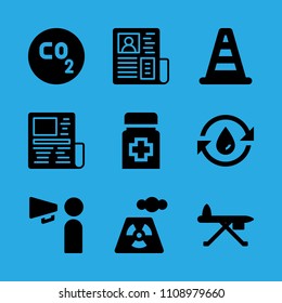 cone, power plant, co, ironing board, water, promoting, medicine, newspaper and news paper vector icon. Simple icons set