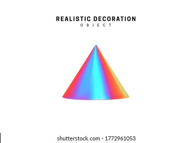 cone shaped element. Realistic 3d objects with gradient holographic color of hologram. isolated on white background. vector illustration