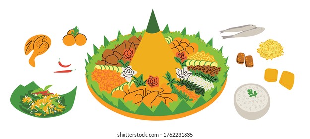 Cone shaped rice is usually served on someone's birthday or organization, building inauguration and thanksgiving. In tumoeng rice there is usually yellow rice, eggs, chicken, fish, tempeh and others