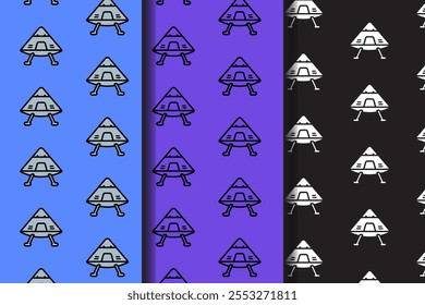 cone shaped spaceship colorful pattern on blue, purple, black background set. doodle spaceship outline symbol seamless pattern background. funny galaxy ship seamless pattern for decor and merchandise