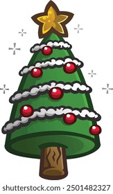 A cone shaped stylized cartoon Christmas tree, bursting with festive color and holiday cheer, a red green white and yellow symbol of the yule season, clip art illustration