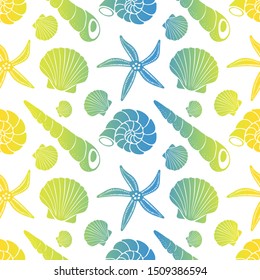 Cone shells, snail shells, scallop shells, starfish, bright colors with gradient on white background. Vector seamless pattern.