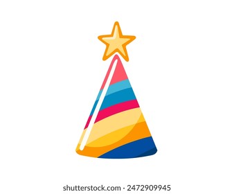 Cone striped party hat with golden star on top vector illustration isolated on white background