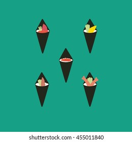 Cone sushi rolls set. Roll with tuna, salnom, shrimps. Vector illustration