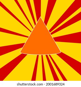 Cone symbol on a background of red flash explosion radial lines. The large orange symbol is located in the center of the sun, symbolizing the sunrise. Vector illustration on yellow background