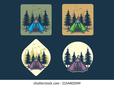 Cone tent and pine trees illustration design