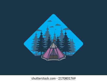 Cone tent and pine trees illustration design