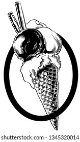 Cone with three balls of ice cream of different flavors, framed in a oval, in black and white vector.