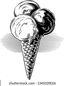Cone with three balls of ice cream of different flavors, in black and white vector.