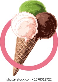 Cone with three balls of ice cream of different flavors, framed in a circle, in vector.