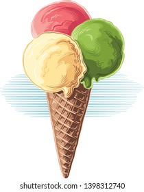 Cone with three balls of ice cream of different flavors, in vector.