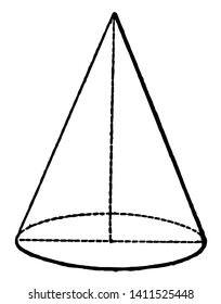 The cone is a three dimensional geometric shape. The cone axis is the straight line, vintage line drawing or engraving illustration.