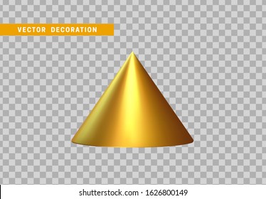 Cone is three-dimensional geometric shape isolated golden color. 3d objects vector illustration