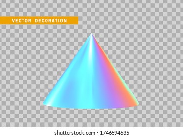 Cone is three-dimensional geometric shape isolated with colorful hologram chameleon color gradient. 3d objects vector illustration
