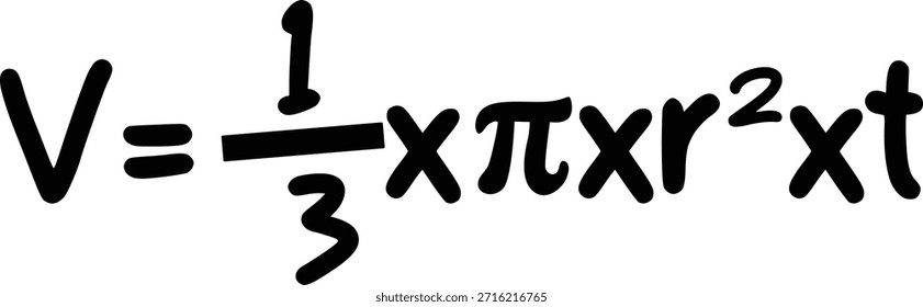 Ilustración de fórmula de volumen cónico que representa el cálculo de geometría sólida, la educación matemática, el concepto de medición espacial y el material de aprendizaje básico en estilo escrito a mano.