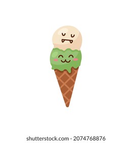 Cone waffle ice cream with scoops and face expressions, cartoon vector illustration isolated on white background. Cute sweet dessert, great for summer childish sticker.