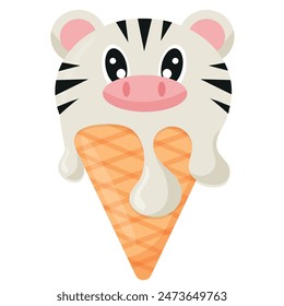 cone with white ice cream and animal print, namely with a zebra's face and a waffle cone, for design, for packaging or advertising