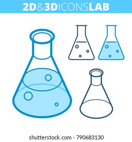The cone-bottomed flask. Flat and isometric 3d outline icon set. The medical, science laboratory equipment line pictogram. Vector linear infographic elements for web design, social media, presentation