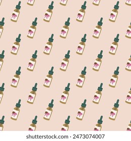 Coneflower essential oil seamless pattern. Dropper bottle with Echinacea flower extract. Natural wellness and herbal therapy. Vector hand drawn flat illustration.