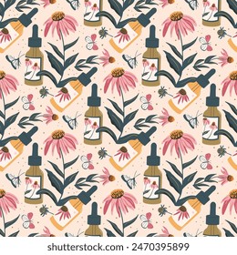 Coneflowers y aceite esencial patrón sin costuras. La equinácea floral de fondo sin fin. Sentimiento natural de cosmética y herbolario. Vector plano dibujado a mano ilustración.
