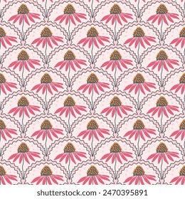 Coneflowers scalloped pattern. Floral vintage endless background. Purple echinacea retro seamless pattern. Vector hand drawn illustration.