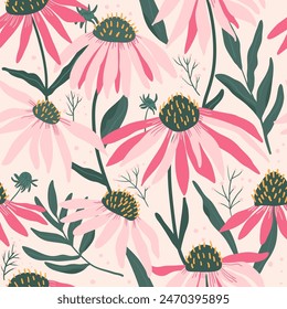 Coneflowers seamless pattern. Floral endless background. Purple echinacea flower and leaves ornament. Happy summer rustic mood. Foliage and botanic continuous cover. Vector illustration.