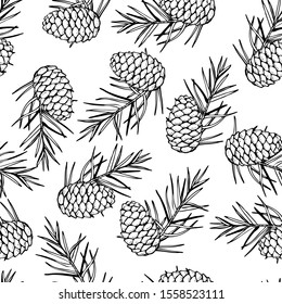 Cones and Christmas tree. Seamless botanical hand drawn vector background. Great for greeting cards, backgrounds, holiday decor and fabric.